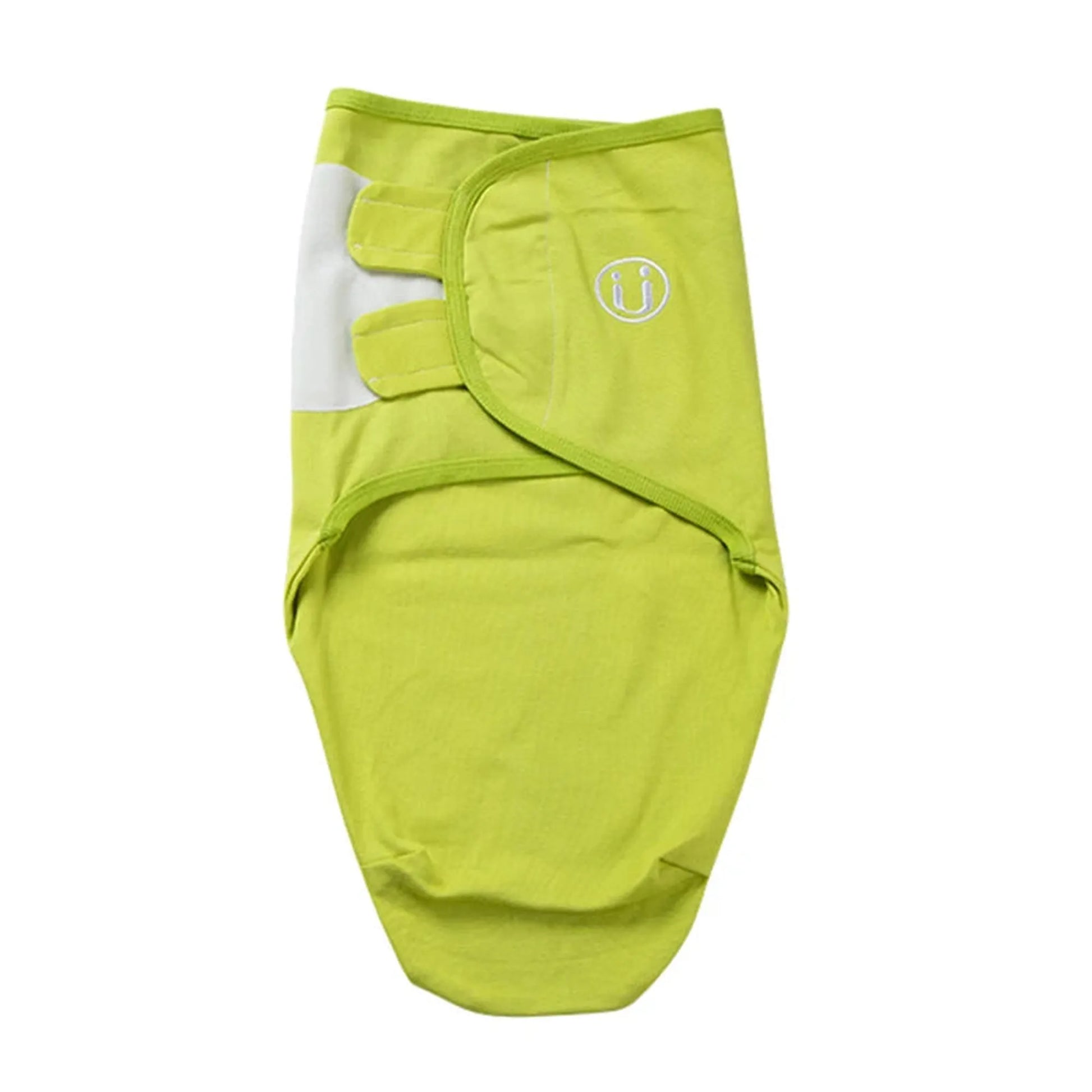 Light green cotton baby swaddle with white velcro closures and a small white logo.