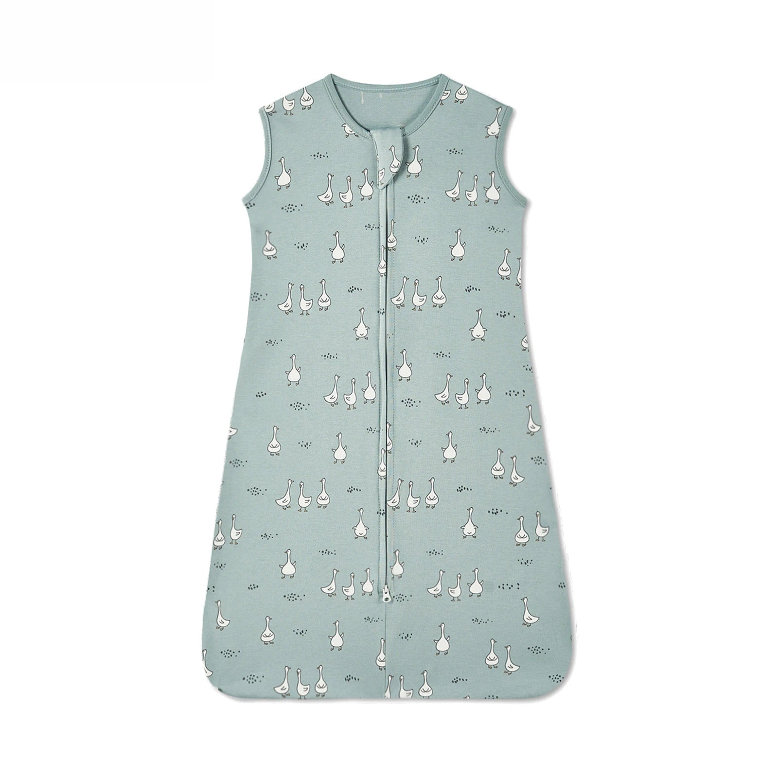 Breathable cotton baby sleep sack in light blue with white goose print and two-way zipper.