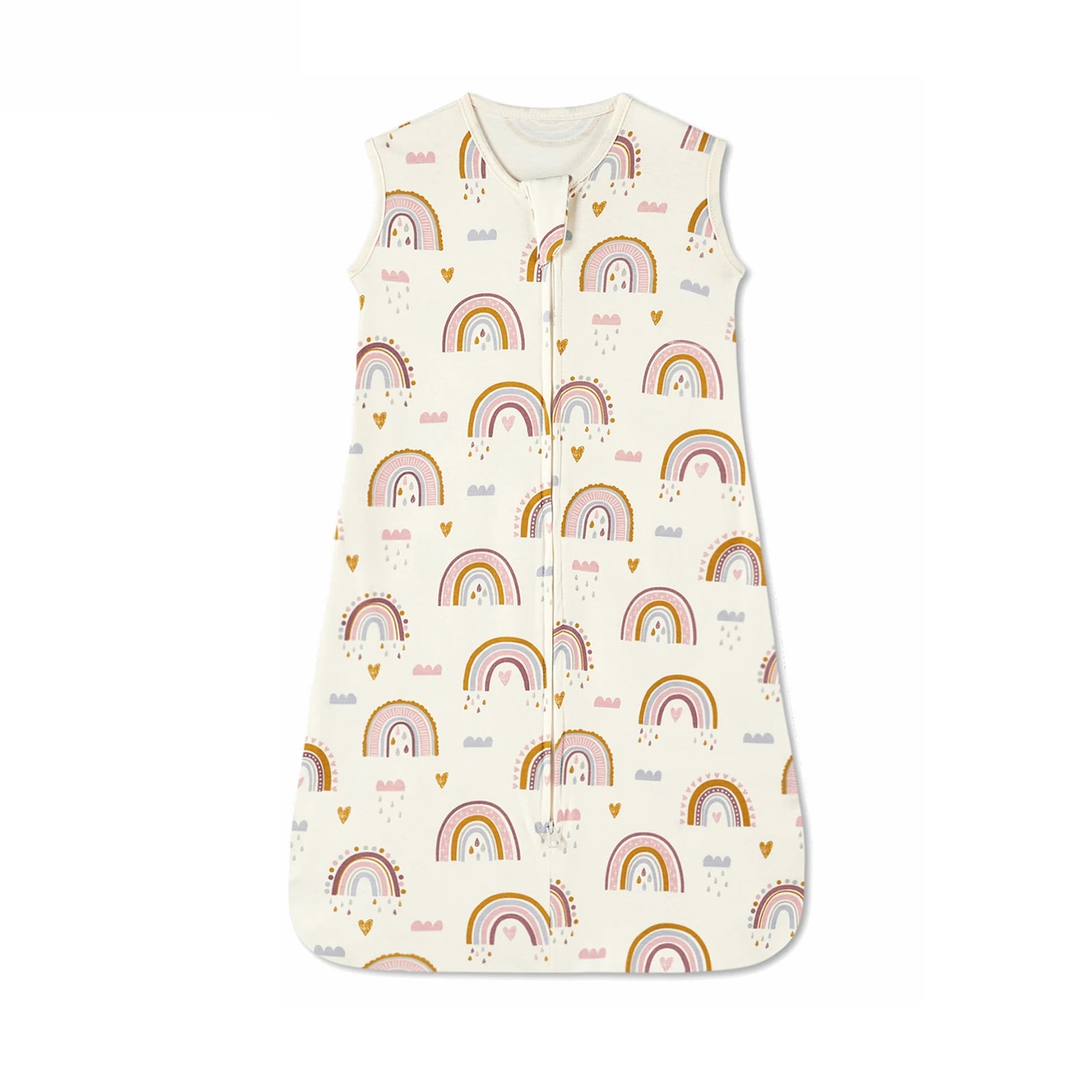 Cream cotton baby sleep sack with colorful rainbow, cloud, and heart print, sleeveless, and two-way zipper.