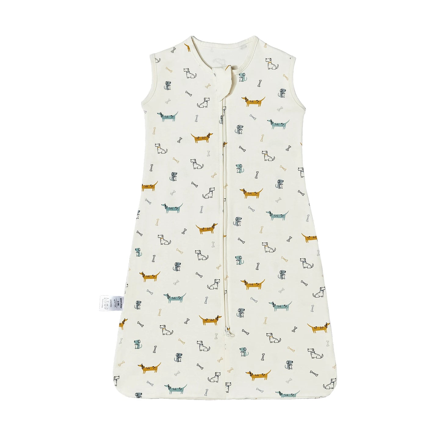 White cotton baby sleeping bag with colorful dog and bone print, sleeveless, and a two-way zipper.