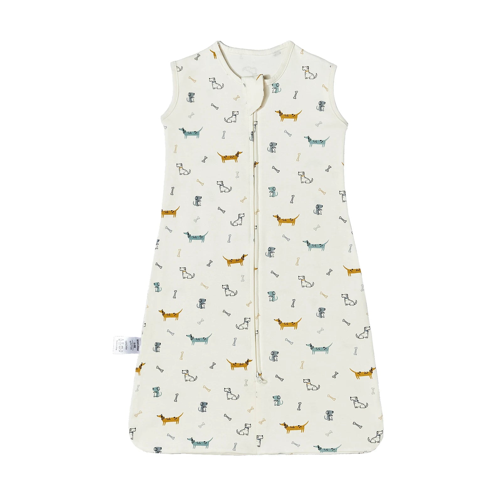 White cotton baby sleeping bag with colorful dog and bone print, sleeveless, and a two-way zipper.