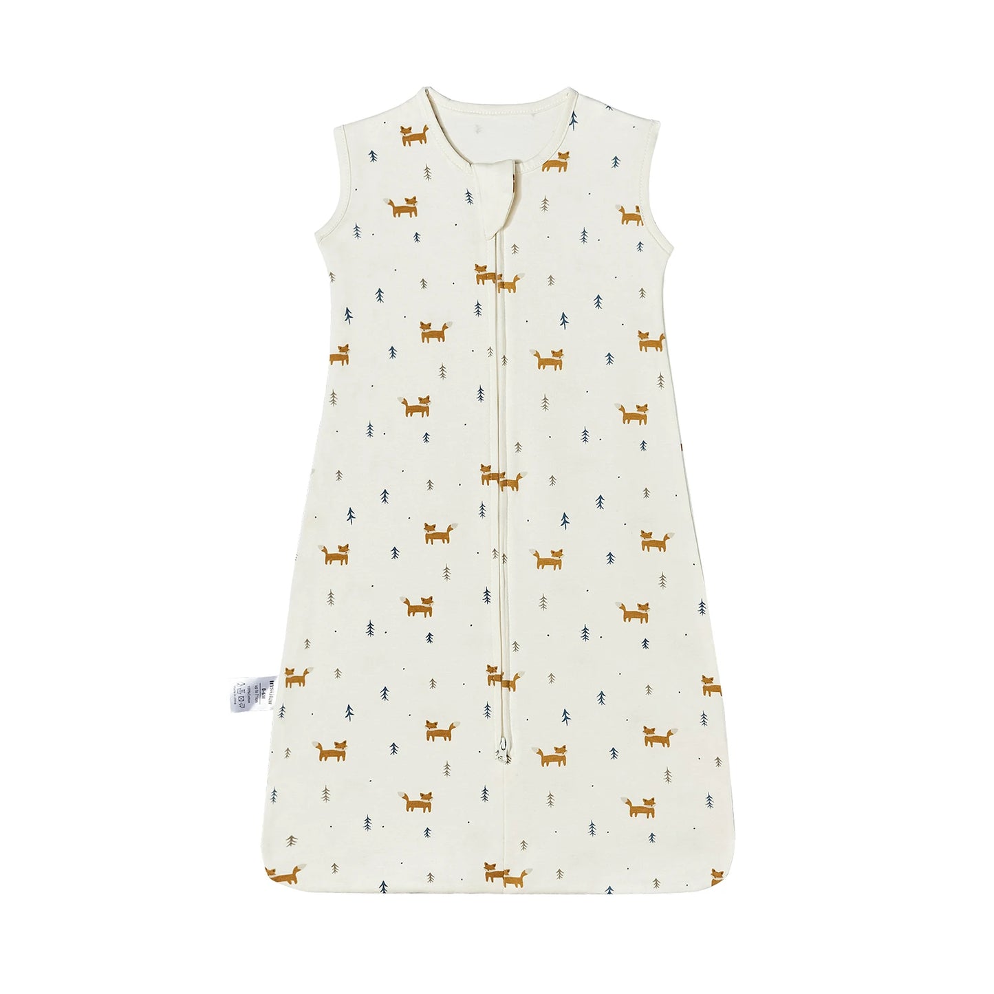 White cotton baby sleeping bag with fox and tree print, sleeveless, and two-way zipper.