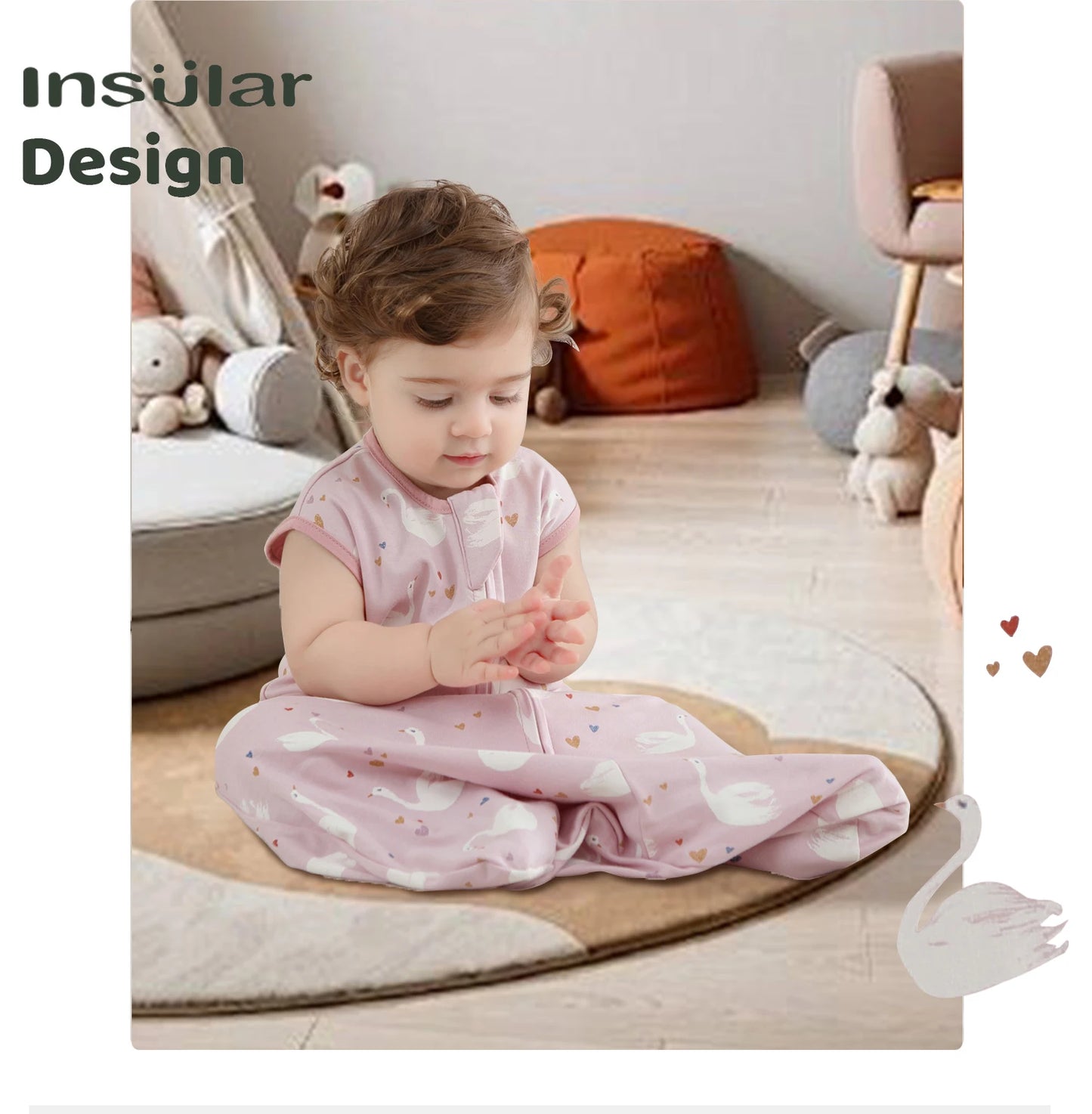 Pink cotton baby sleeping bag with white swan print, two-way zipper, and sleeveless design for ages 1-3.