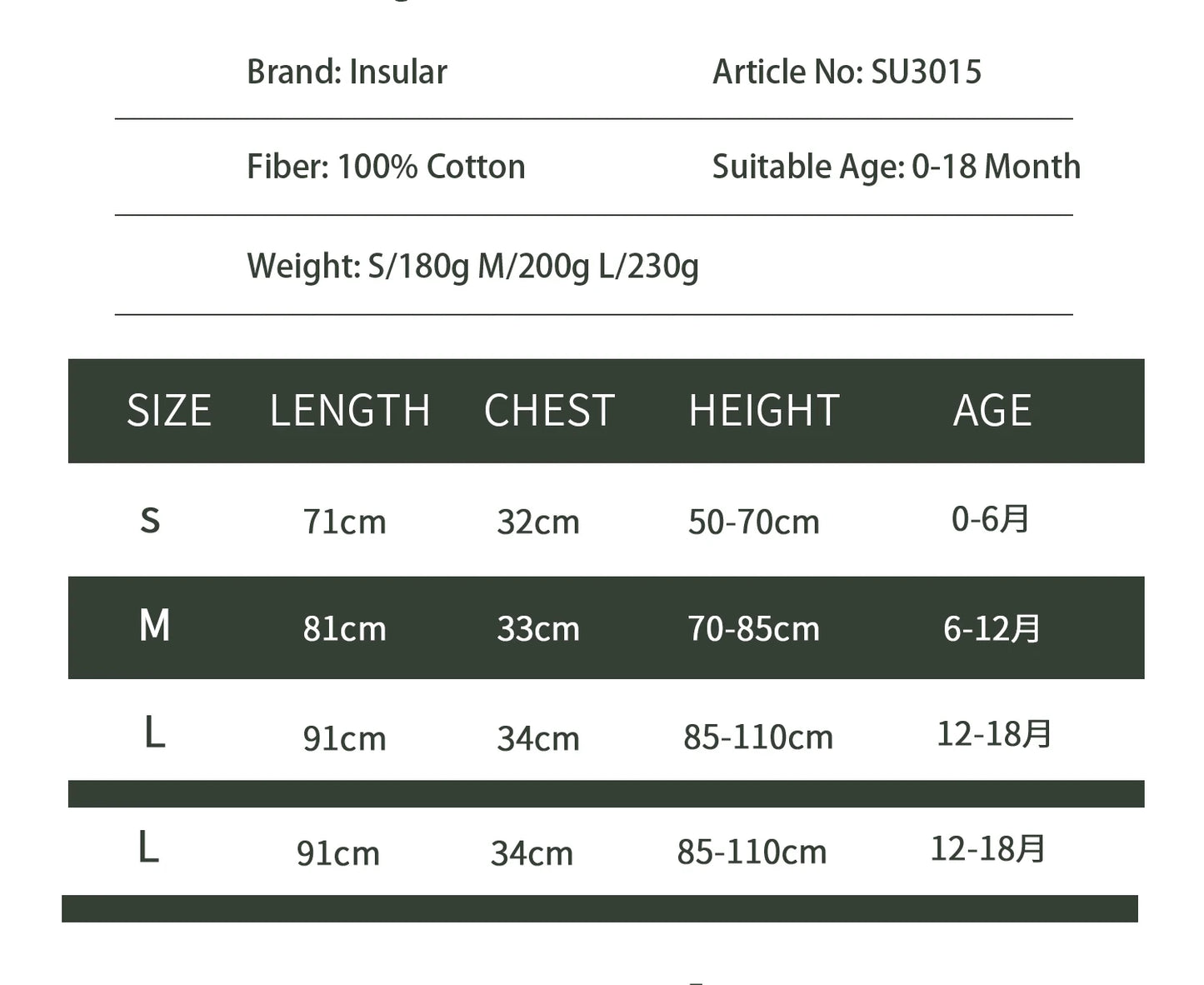 Size chart for Insular 100% cotton baby sleep sack, showing length, chest, height, and age for S, M, L sizes.