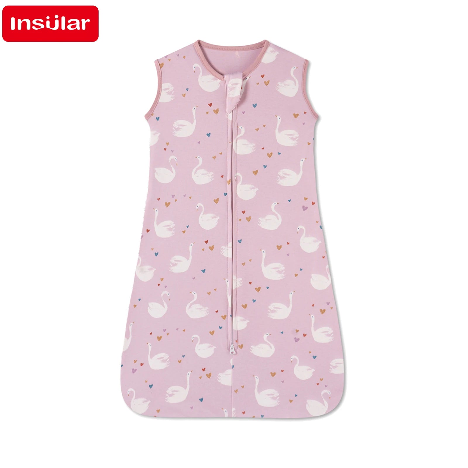 Pink cotton baby sleeping bag with white swan and colorful heart print, sleeveless, with a two-way zipper.