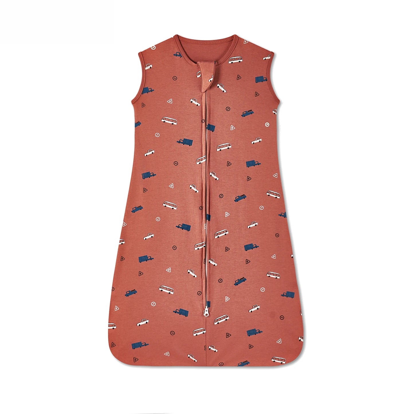 Terracotta cotton baby sleep sack with blue and white vehicle print, sleeveless design, and two-way zipper.