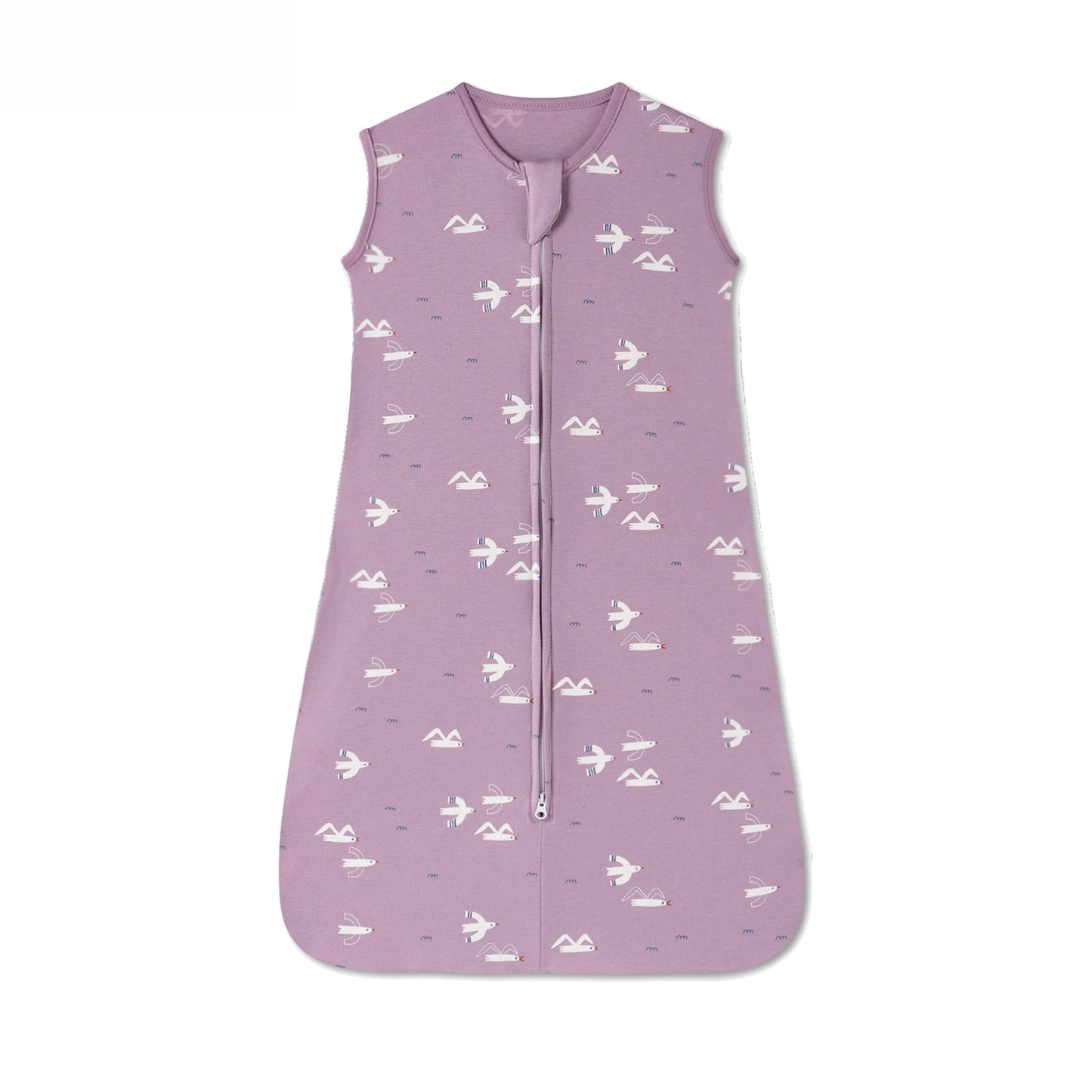 Purple cotton baby sleep sack with white airplane print and two-way zipper.