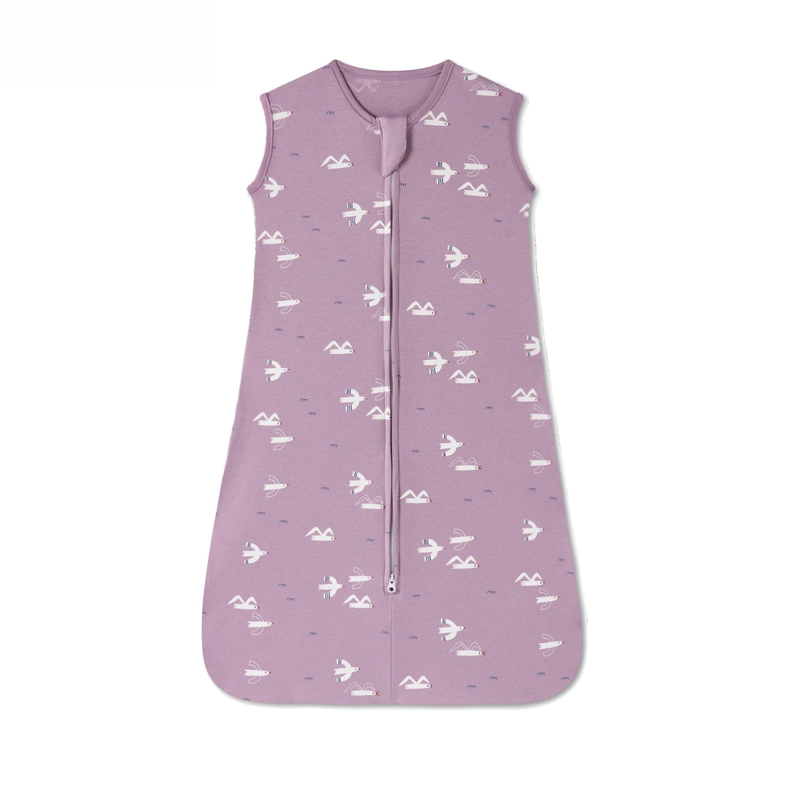 Purple cotton baby sleep sack with white airplane print and two-way zipper.
