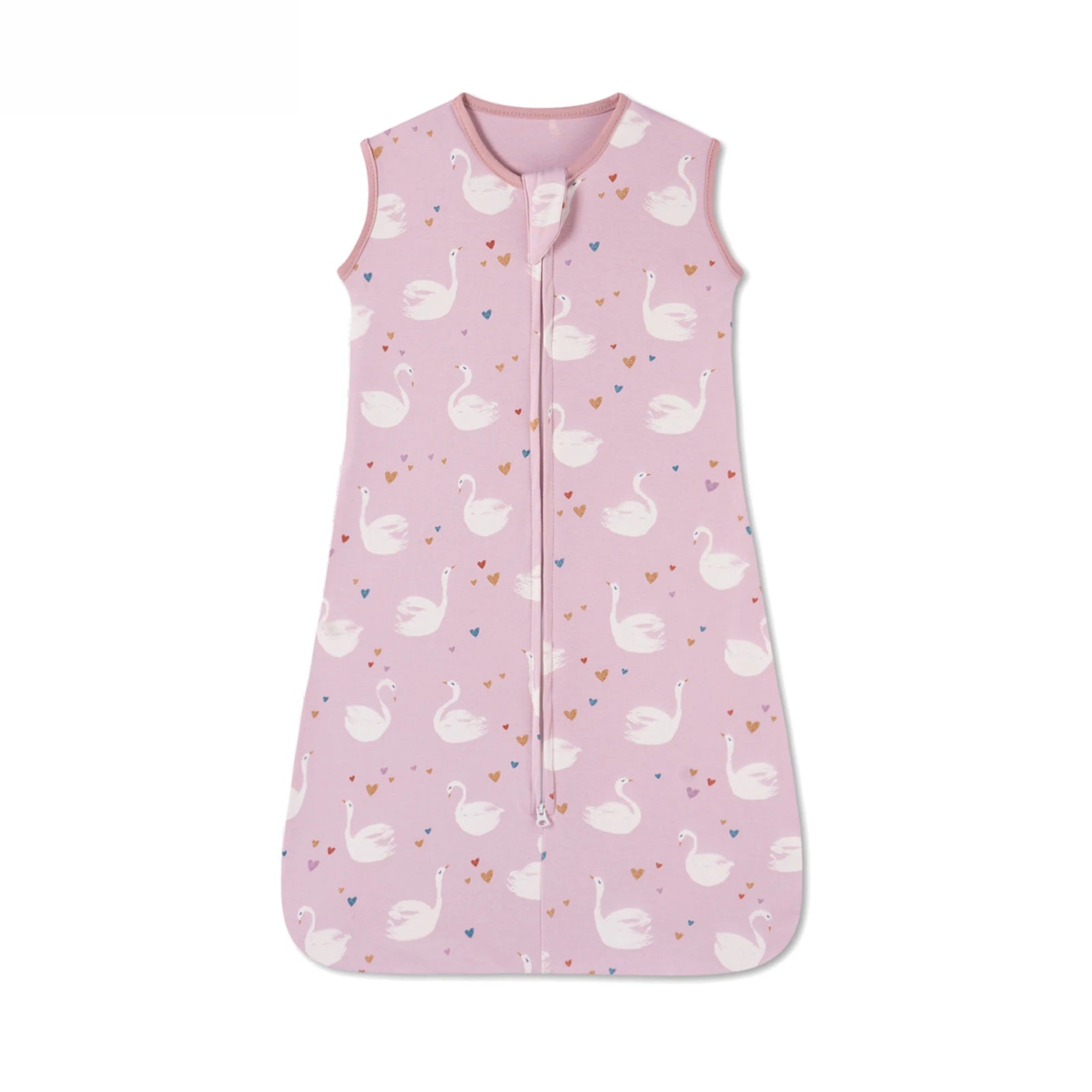Pink cotton baby sleep sack with white swan and colorful heart print, sleeveless, and a two-way zipper.