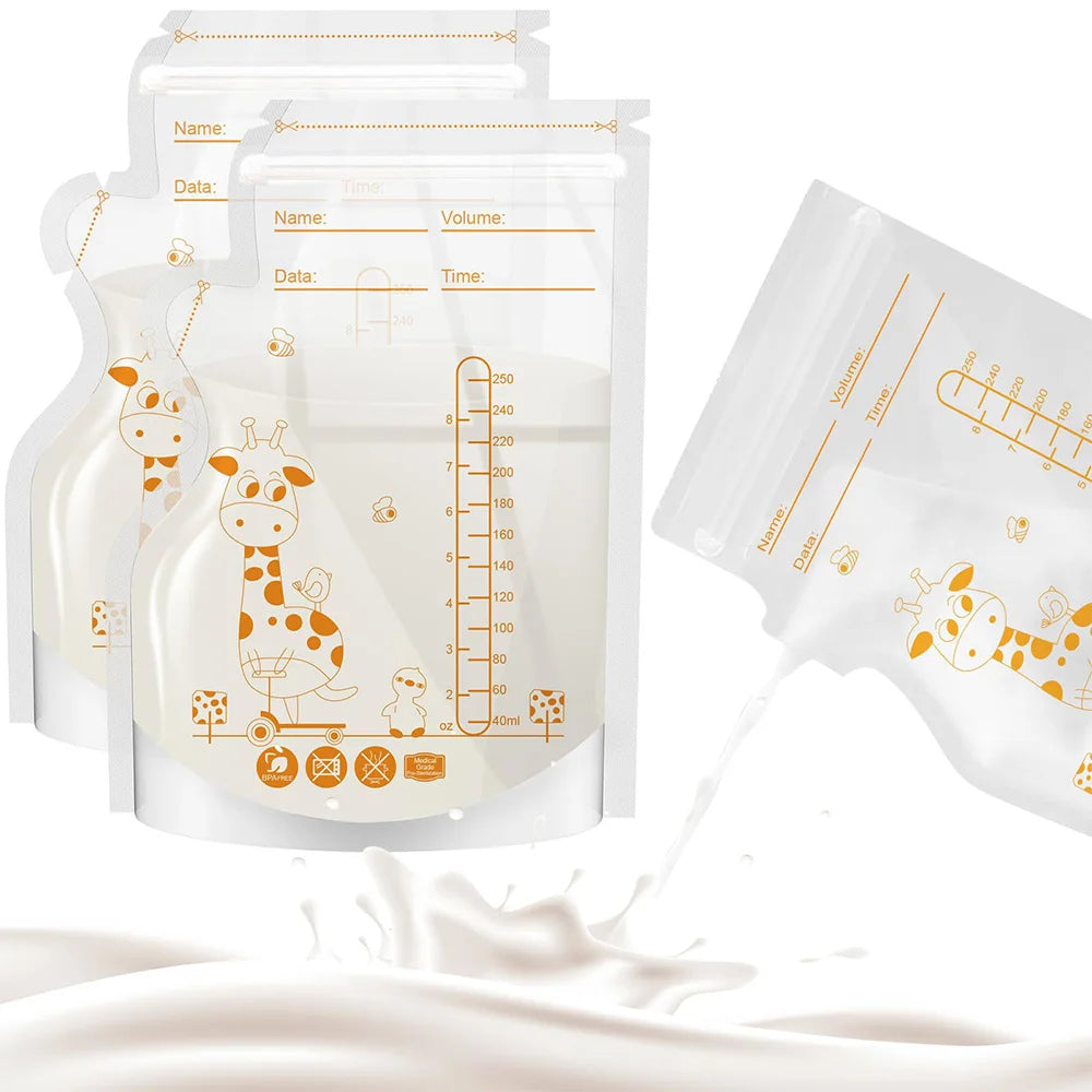 White BPA-free breast milk storage bags with giraffe design, volume markings, and secure double seal.