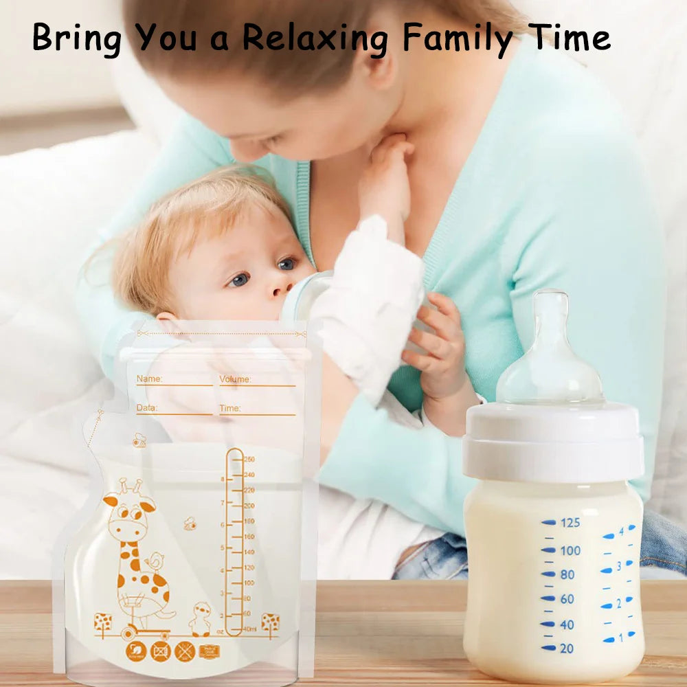 BPA-free breast milk storage bag with giraffe design, 250ml capacity, next to a baby bottle and mother.
