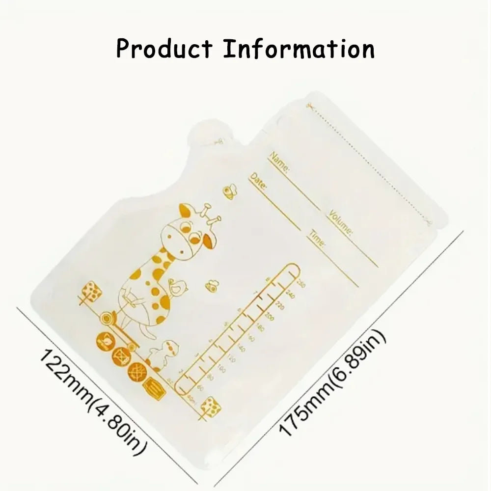 BPA-free breast milk storage bag with giraffe design, 250ml capacity, and measurement markings.