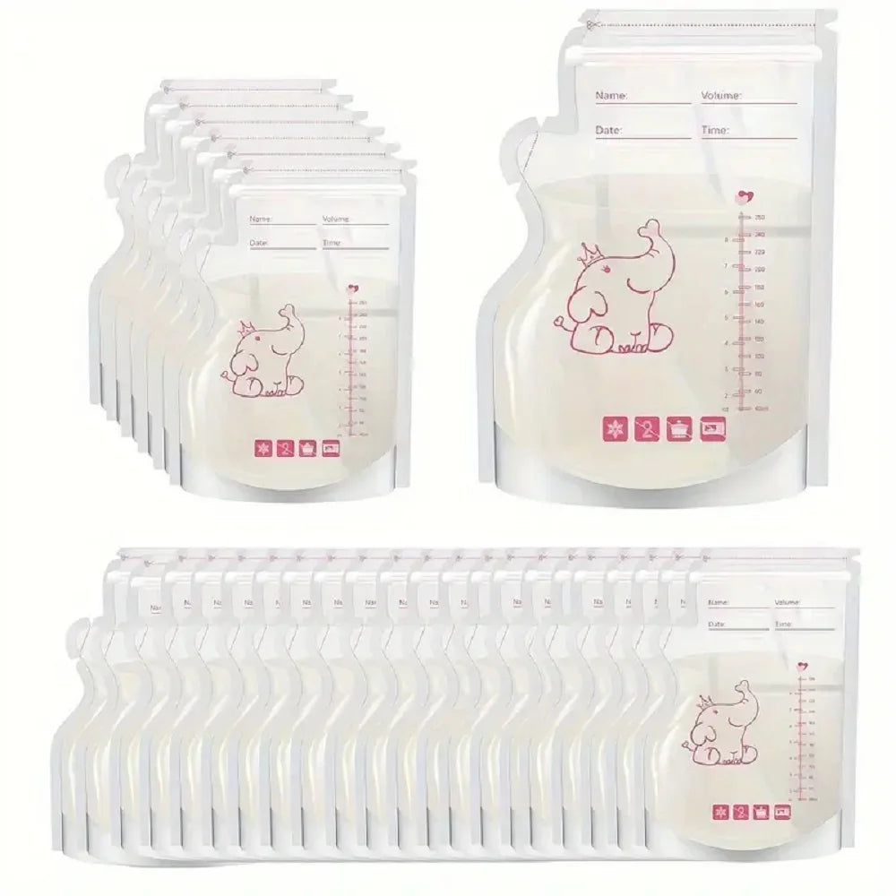 BPA-free breast milk storage bags, 250ml, with measurement markings and cute elephant design.