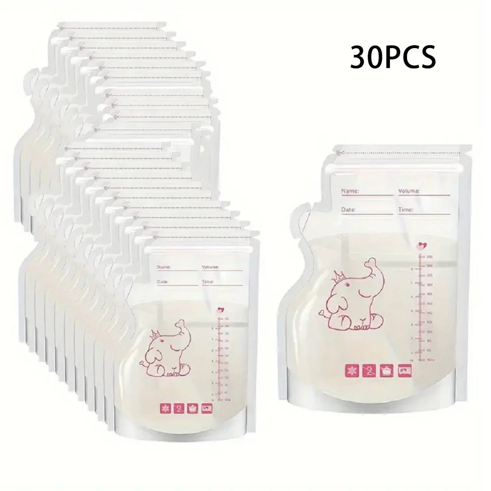 30 clear BPA-free breast milk storage bags, 250ml, with pink elephant design, measurement scale, and labeling area.