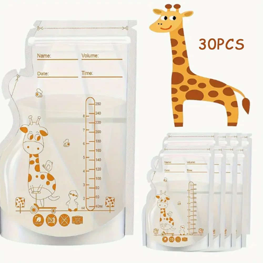 BPA-free 250ml breast milk storage bags with giraffe design, volume markers, and label fields.