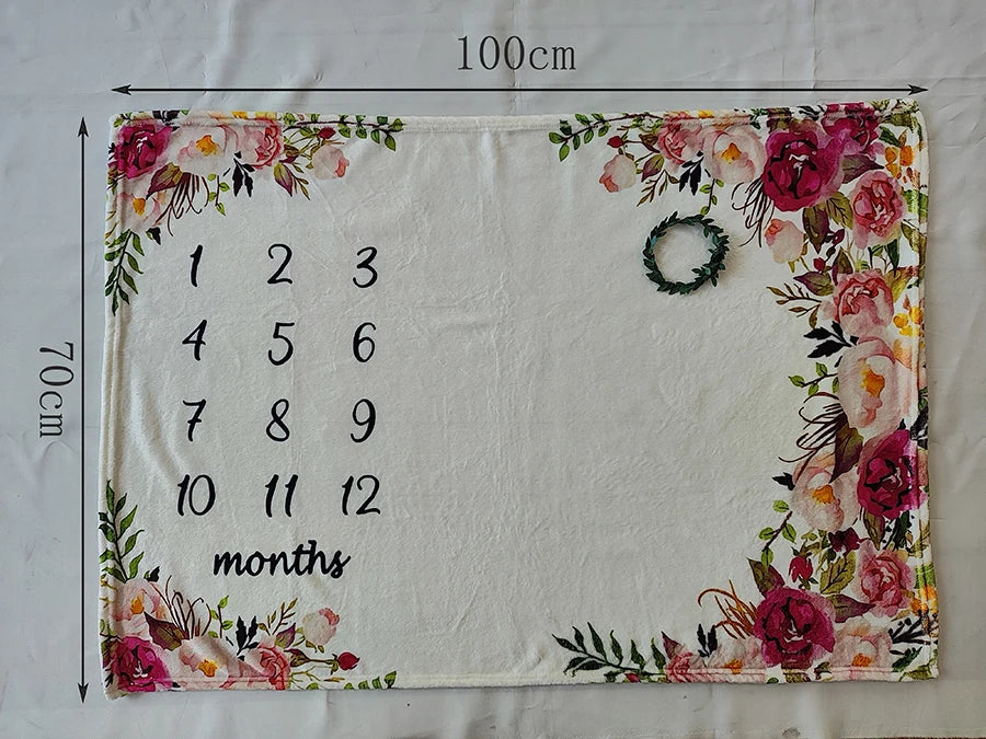 Soft white polyester baby milestone blanket with pink floral border, numbers 1-12, and a green wreath marker.