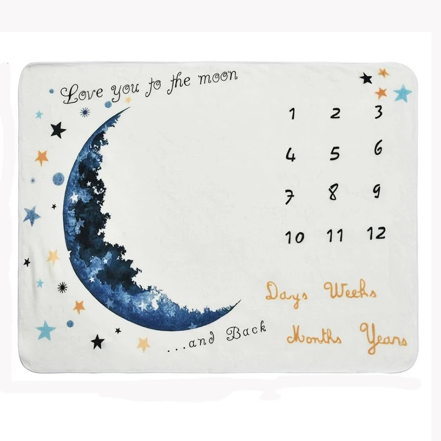 Soft white polyester baby milestone blanket with a blue moon, stars, and "Love you to the moon and back" text.