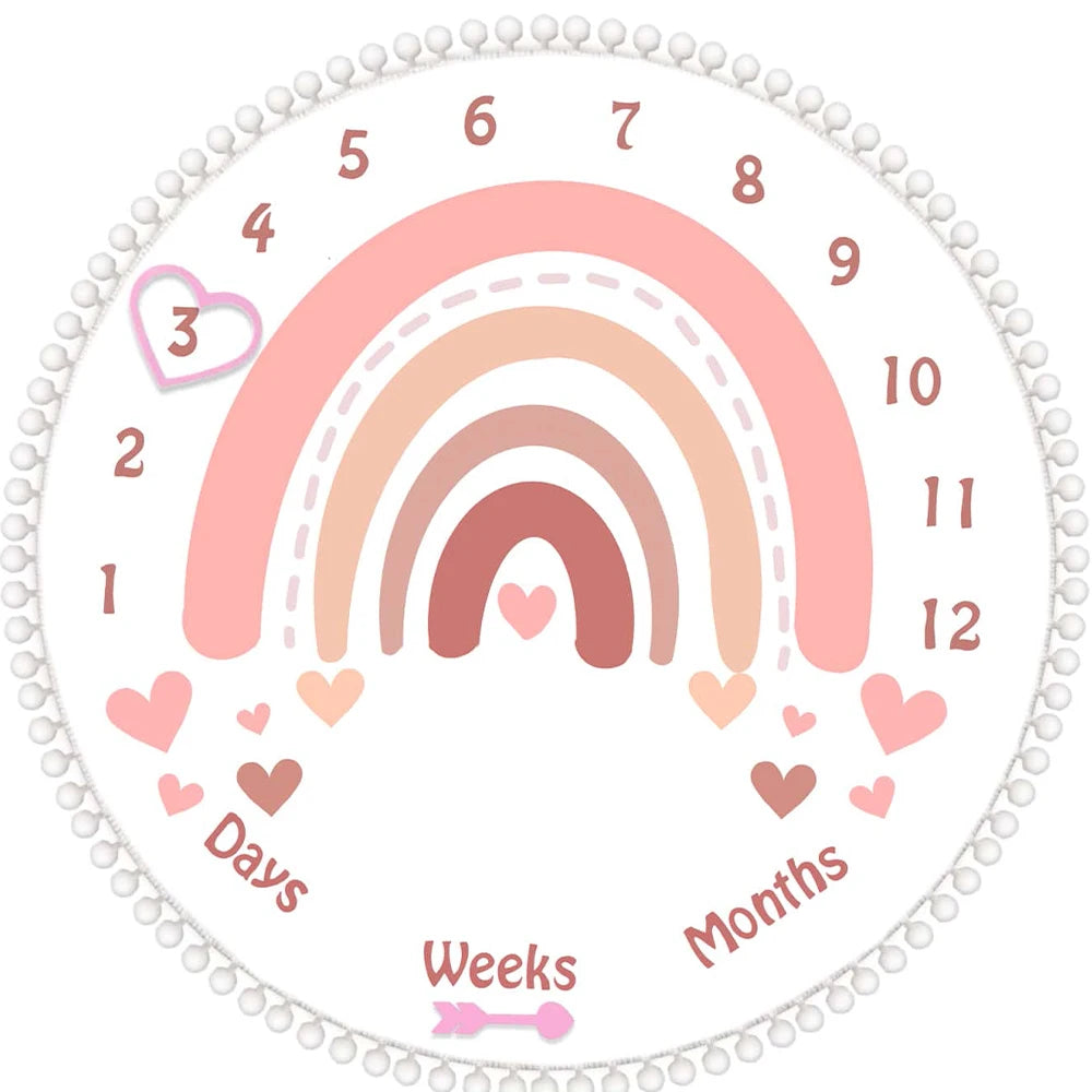 Soft white flannel baby milestone blanket with pink rainbow, hearts, and numbers 1-12.