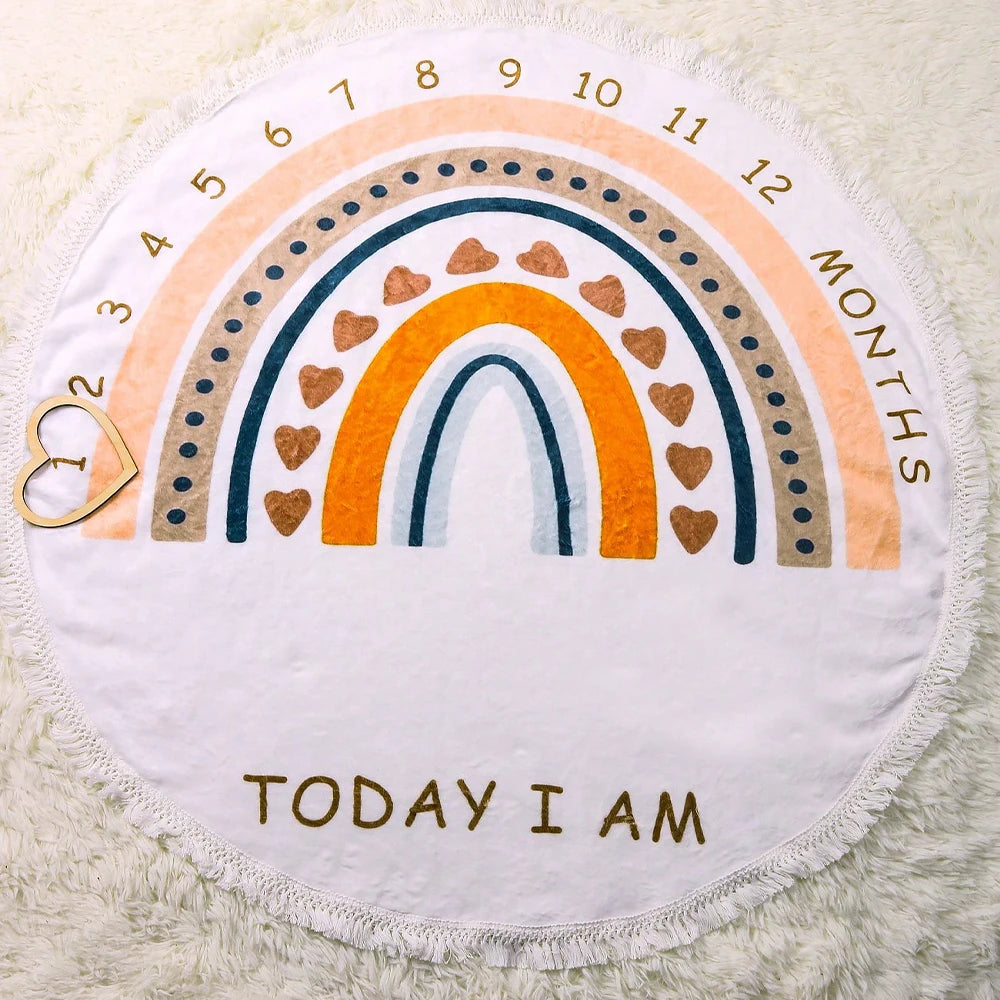 White flannel baby milestone blanket with colorful rainbow, hearts, and "Today I Am" text, 100x100 cm.