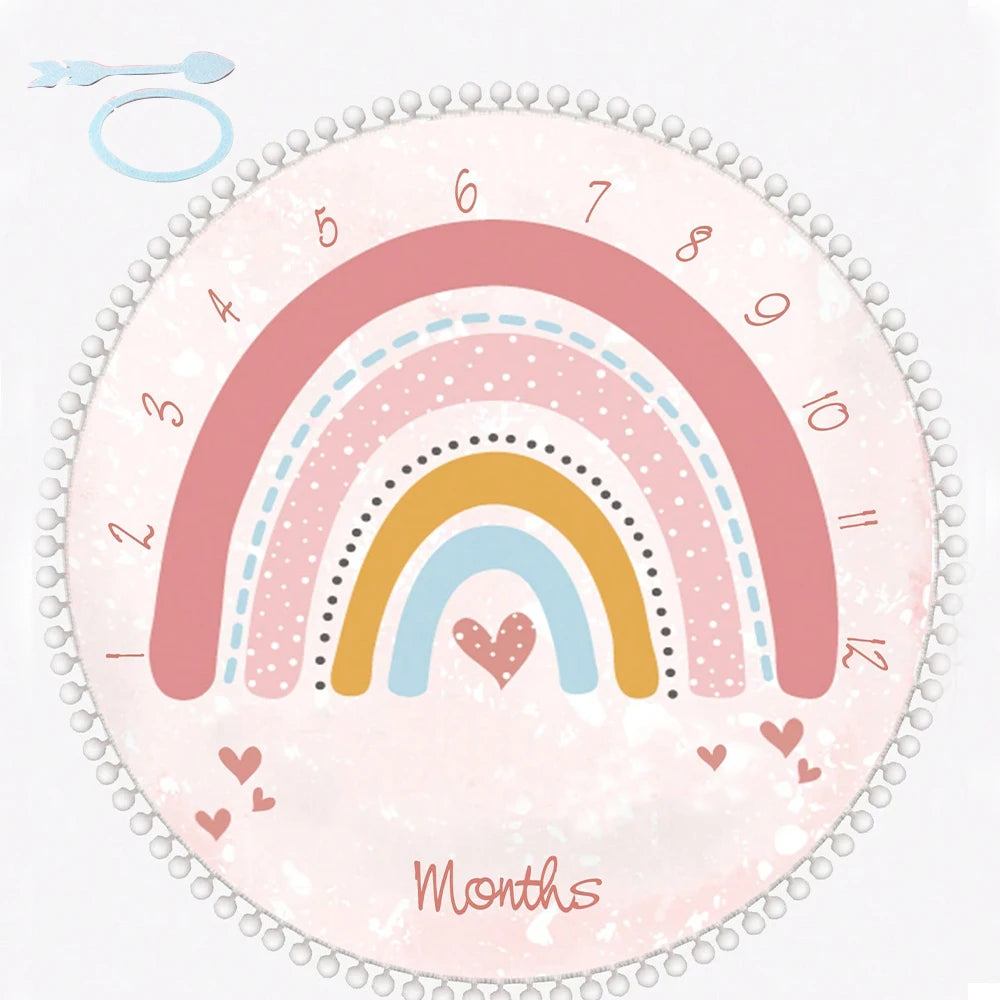 Pink flannel baby milestone blanket with a pastel rainbow, heart, and monthly numbers 1-12.