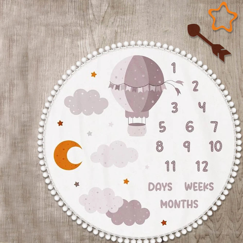 White flannel baby milestone blanket with hot air balloon, clouds, moon, stars, and numbers 1-12.
