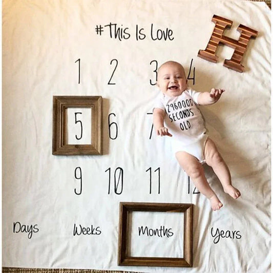 Soft white polyester baby milestone blanket with numbers 1-12, "This Is Love" text, and a happy baby.