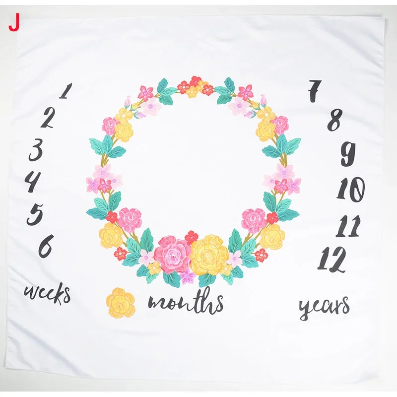 Soft white polyester baby milestone blanket with colorful floral wreath and numbers 1-12.