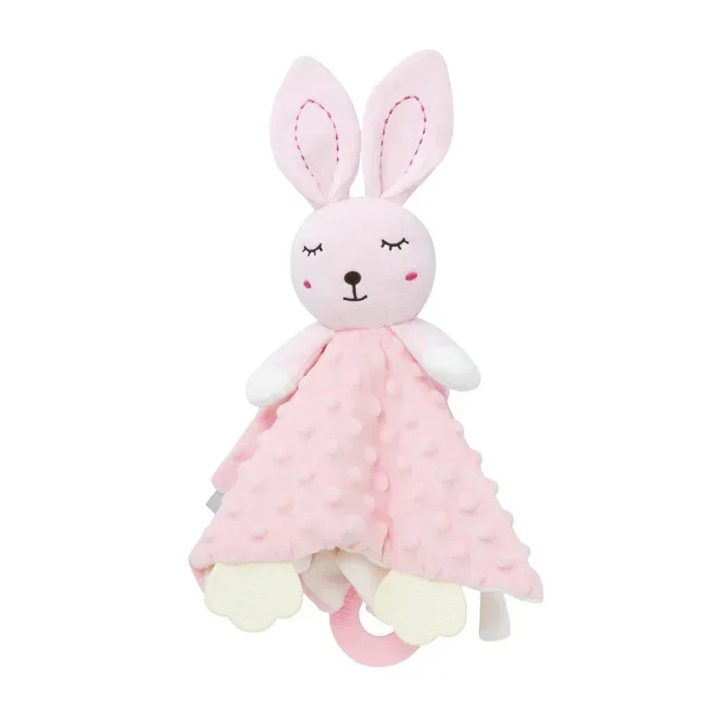 Soft pink bunny security blanket with textured minky fabric, teether, and sleepy embroidered eyes.