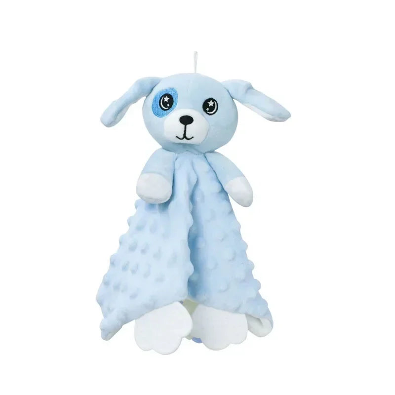 Soft blue puppy security blanket with textured minky fabric and a gentle teether.