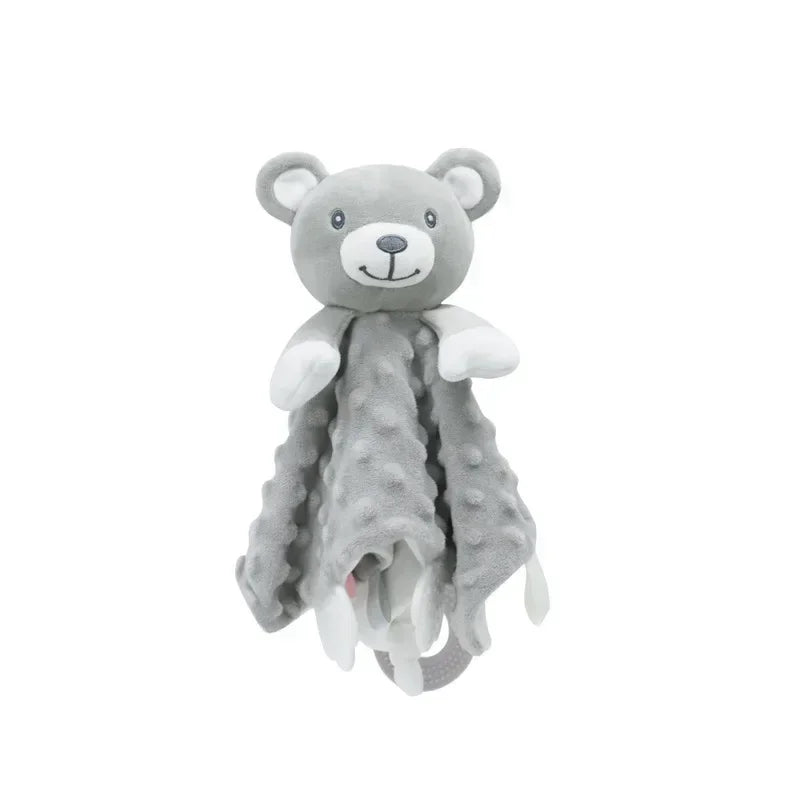 Soft gray teddy bear security blanket with textured minky fabric and attached teether.