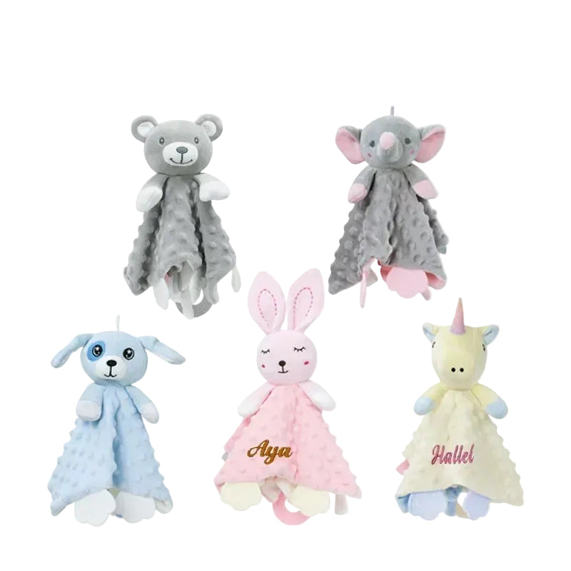 Five soft baby security blankets with animal heads (bear, elephant, dog, bunny, unicorn) and textured fabric.
