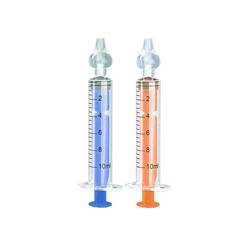 Two 10ml baby nasal aspirators with soft silicone tips, one with a blue plunger and one with an orange plunger.