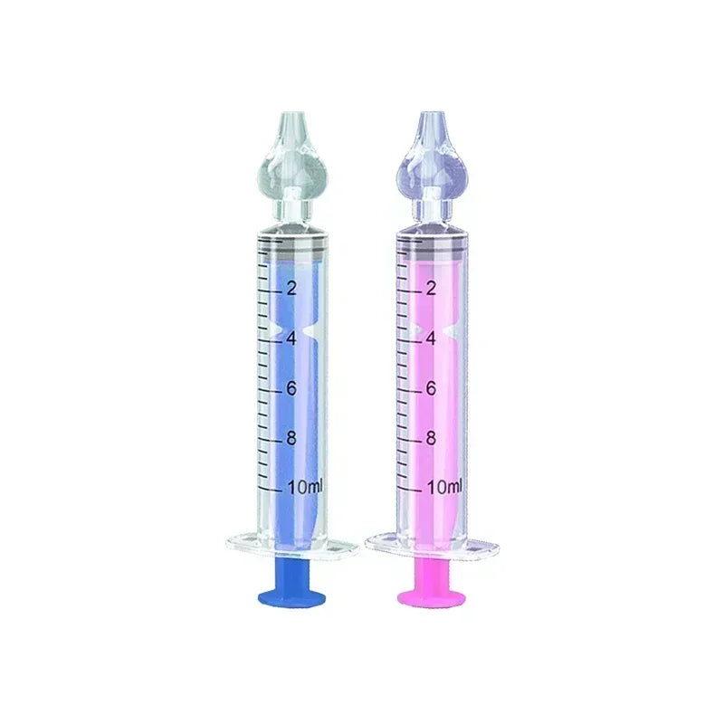 Two 10ml baby nasal aspirators with soft silicone tips, one blue and one pink, on a white background.