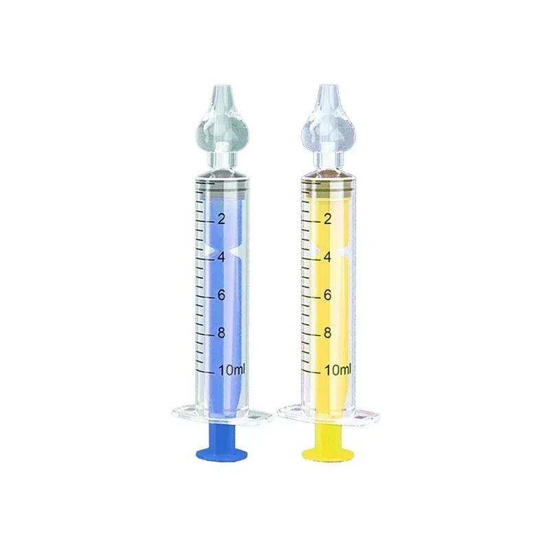 Two 10ml baby nasal aspirators with soft silicone tips, one blue and one yellow, on a white background.