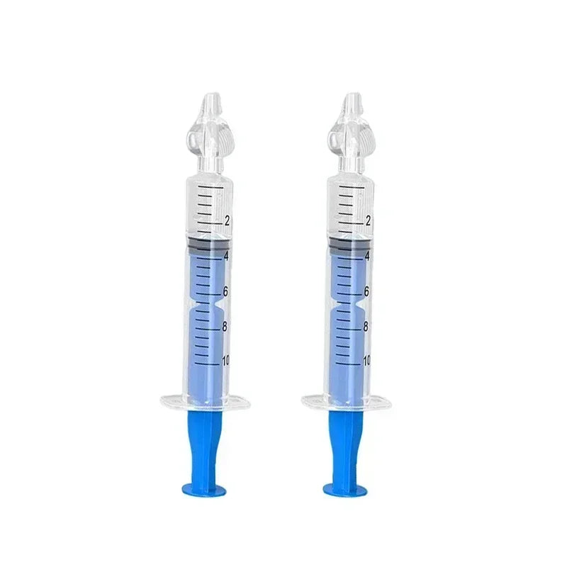 Two clear baby nasal aspirators with soft silicone tips, blue plungers, and 10ml measurement markings.
