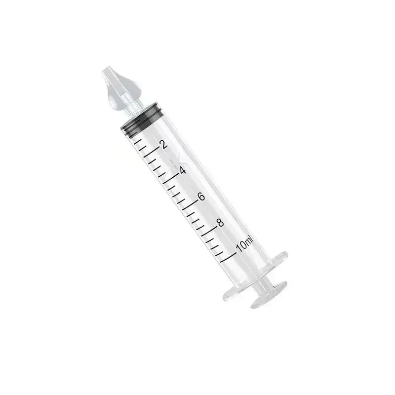 Clear 10ml baby nasal aspirator syringe with soft silicone tip and measurement markings.