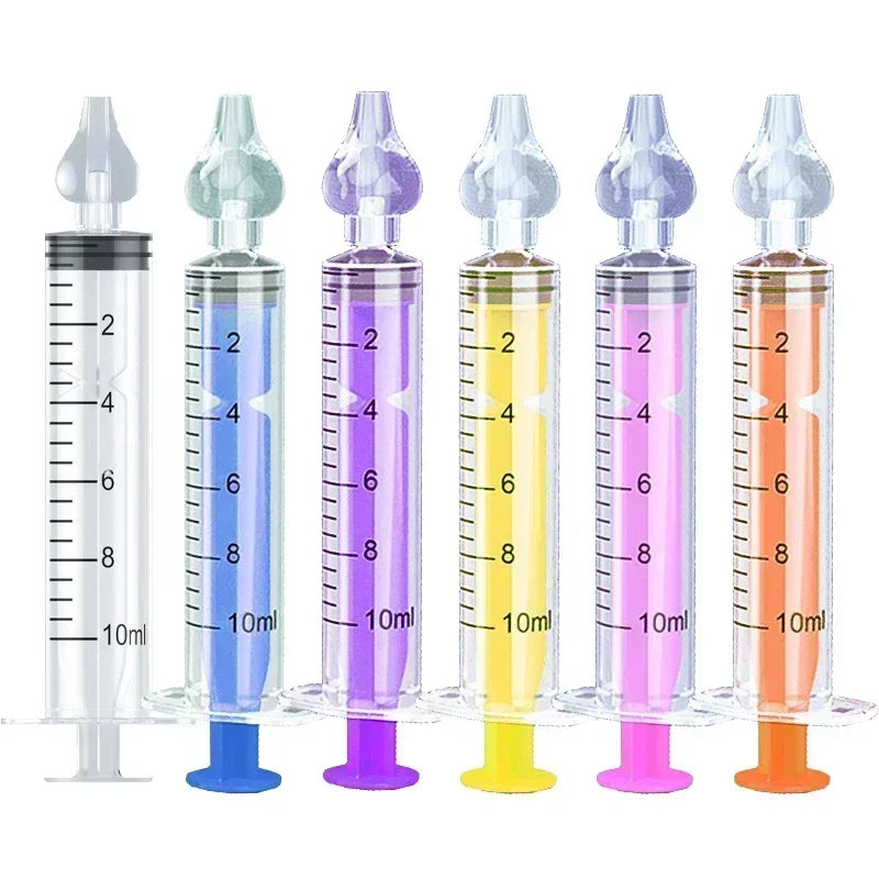 Six colorful 10ml baby nasal aspirators with soft silicone tips and measurement markings.