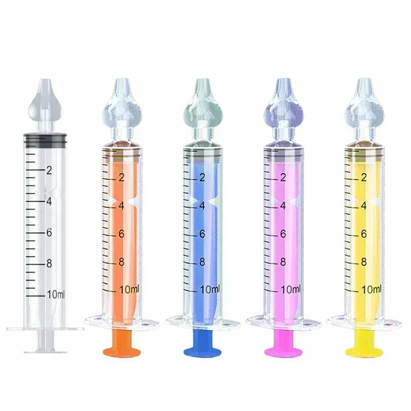 Set of five 10ml baby nasal aspirators with soft silicone tips and colored plungers.