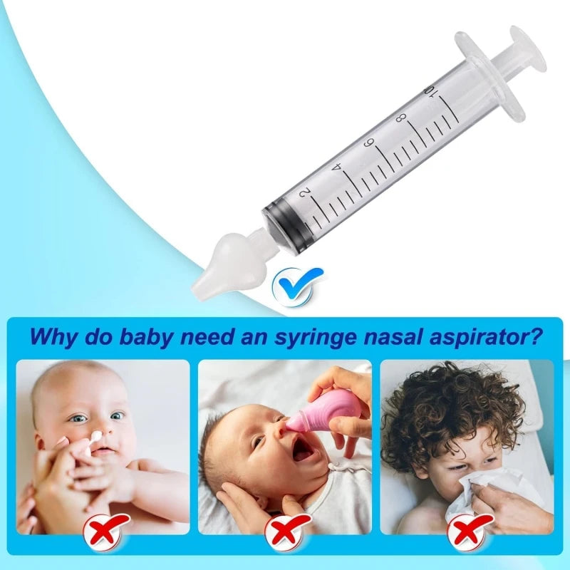 Clear 10ml baby nasal aspirator syringe with soft silicone tip, shown with usage examples.
