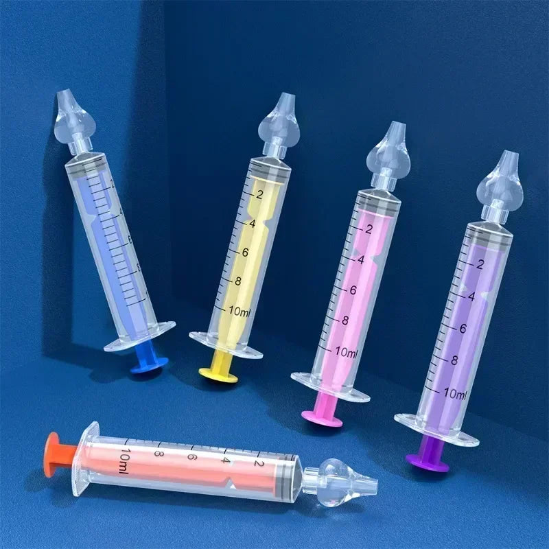 Colorful 10ml baby nasal aspirators with soft silicone tips and measurement markings.