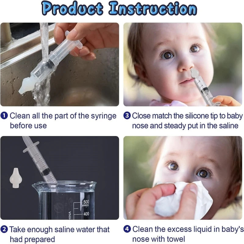 Four-panel instruction showing a clear baby nasal aspirator syringe with a soft silicone tip being cleaned, filled, used on a baby, and excess liquid wiped.