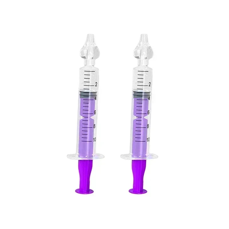 Two clear baby nasal aspirators with soft silicone tips and purple 10ml syringes.