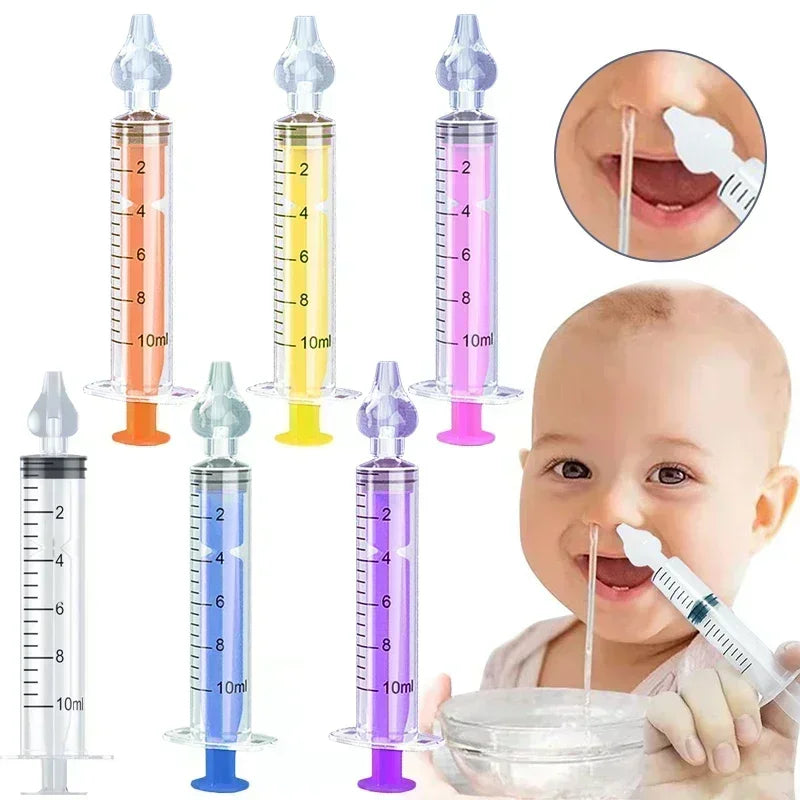Colorful 10ml baby nasal aspirators with soft silicone tips, shown in use on a baby.