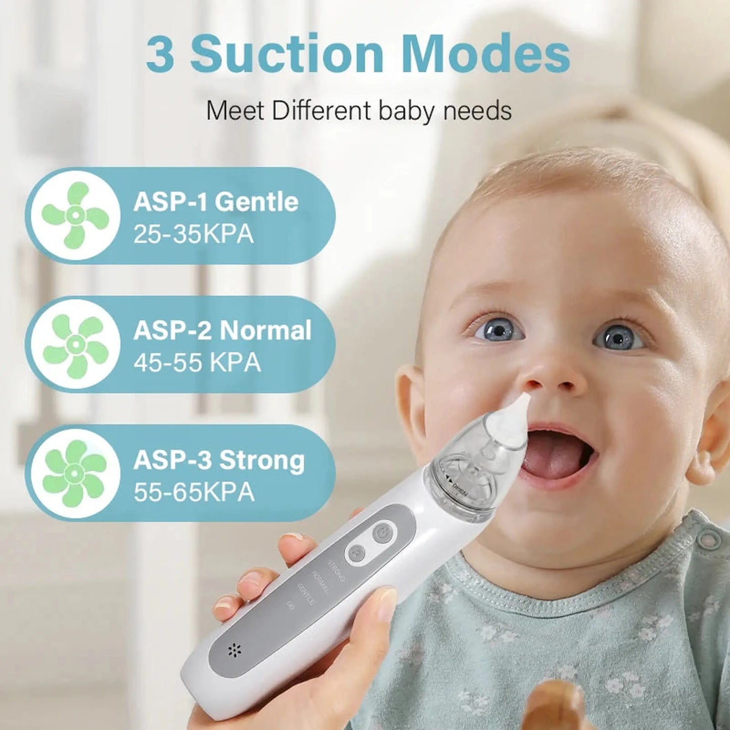 Baby nasal aspirator with soft silicone tip, held by a hand near a smiling baby, showing 3 suction modes.