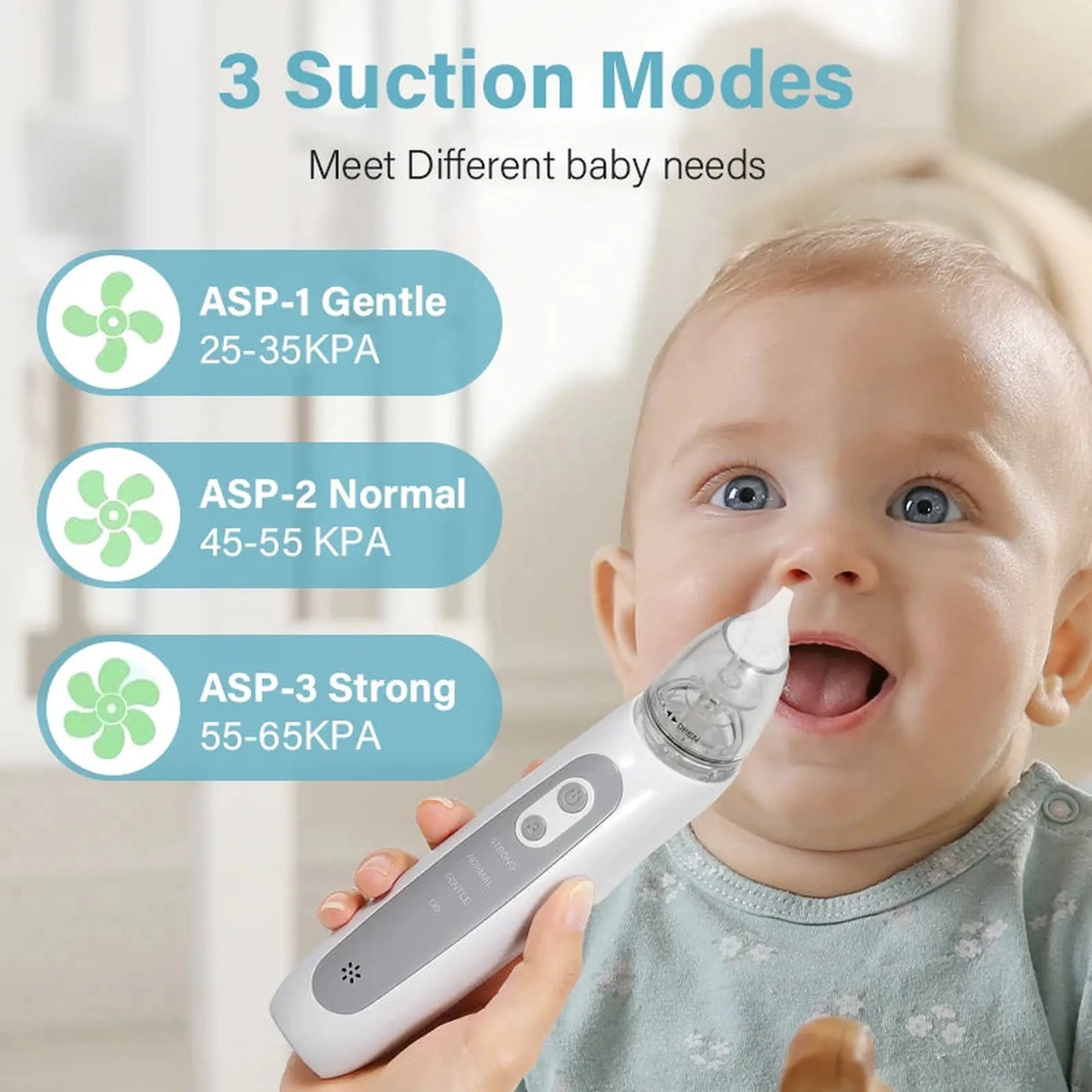 Baby nasal aspirator with soft silicone tip, held by a hand near a smiling baby, showing 3 suction modes.