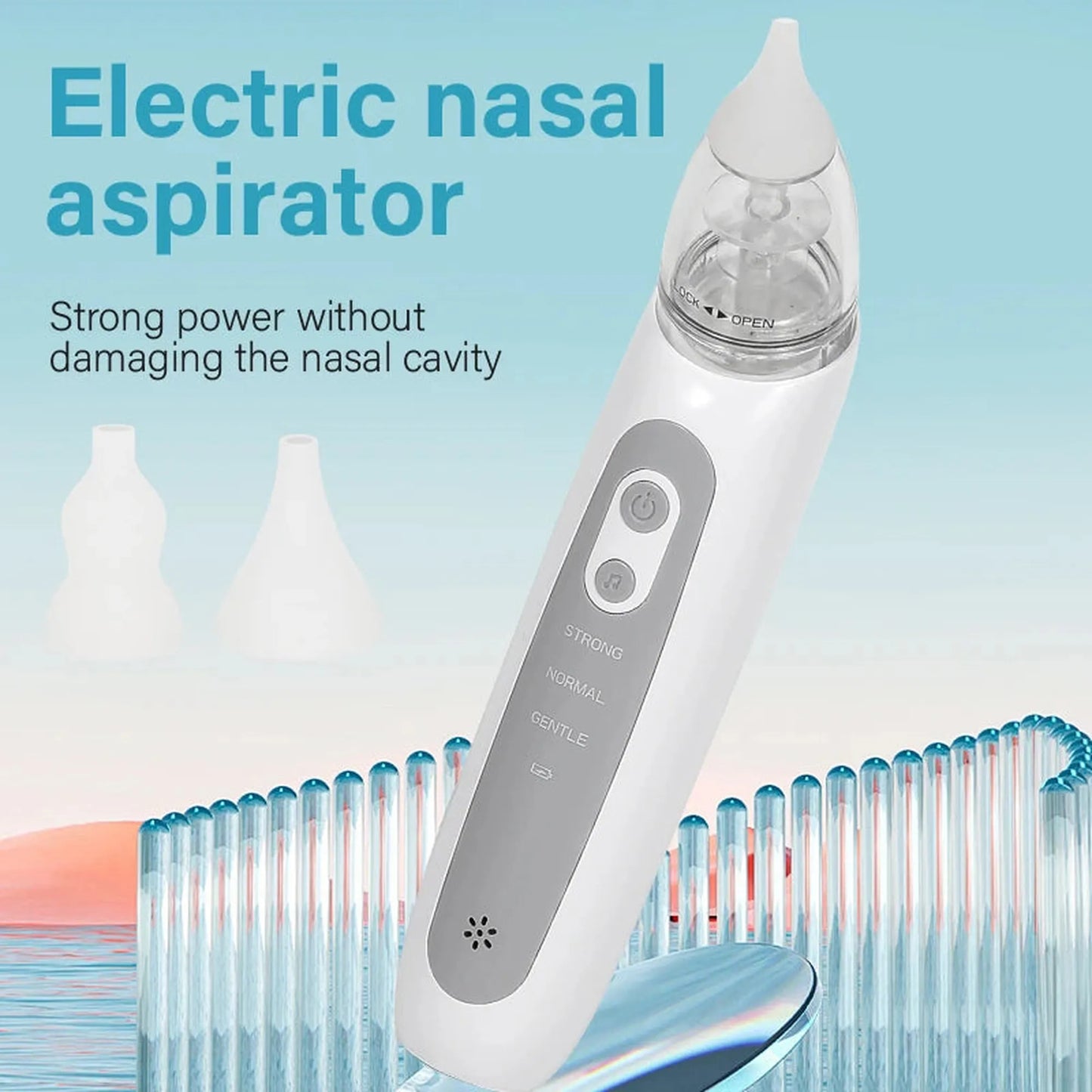 White electric nasal aspirator for babies with silicone tips, power, music, and suction level buttons.