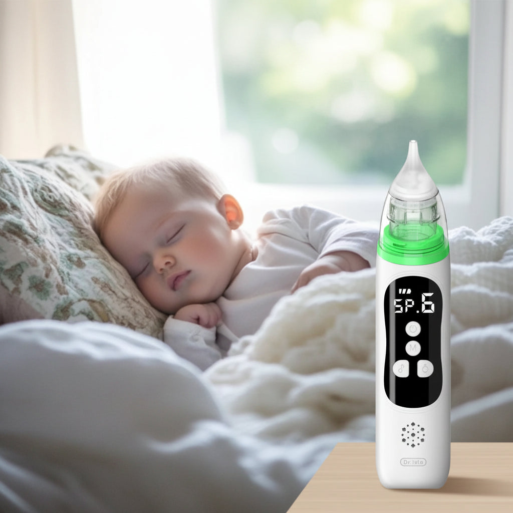 White and green electric baby nasal aspirator with LCD screen next to a sleeping infant.