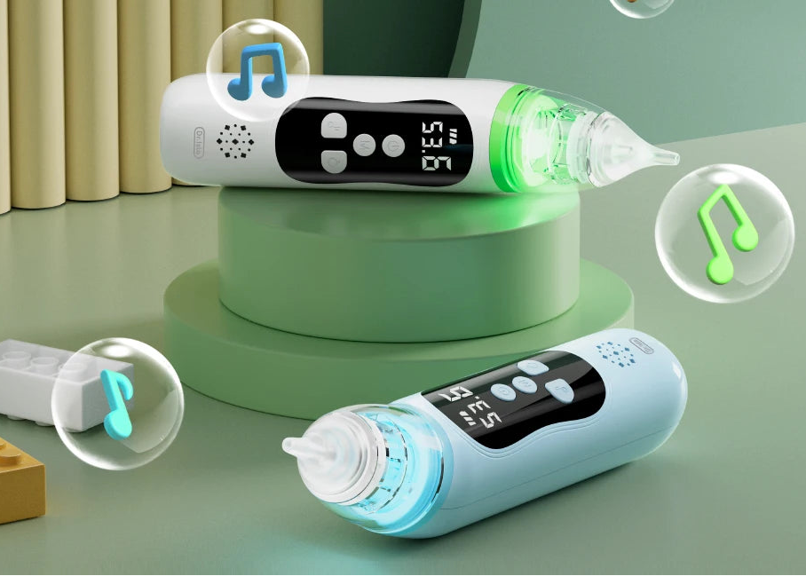White and blue electric baby nasal aspirators with LCD screens and glowing tips.