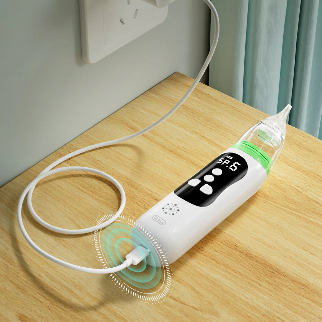 White and green electric baby nasal aspirator with LCD screen, charging via USB-C on a wooden surface.