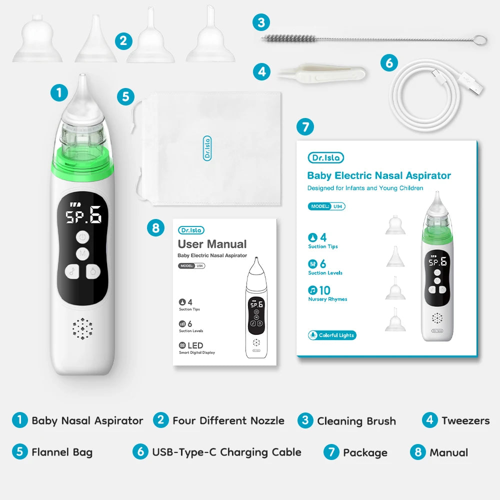 White and green electric baby nasal aspirator with LCD screen, 4 suction tips, cleaning brush, tweezers, USB-C cable, and manual.
